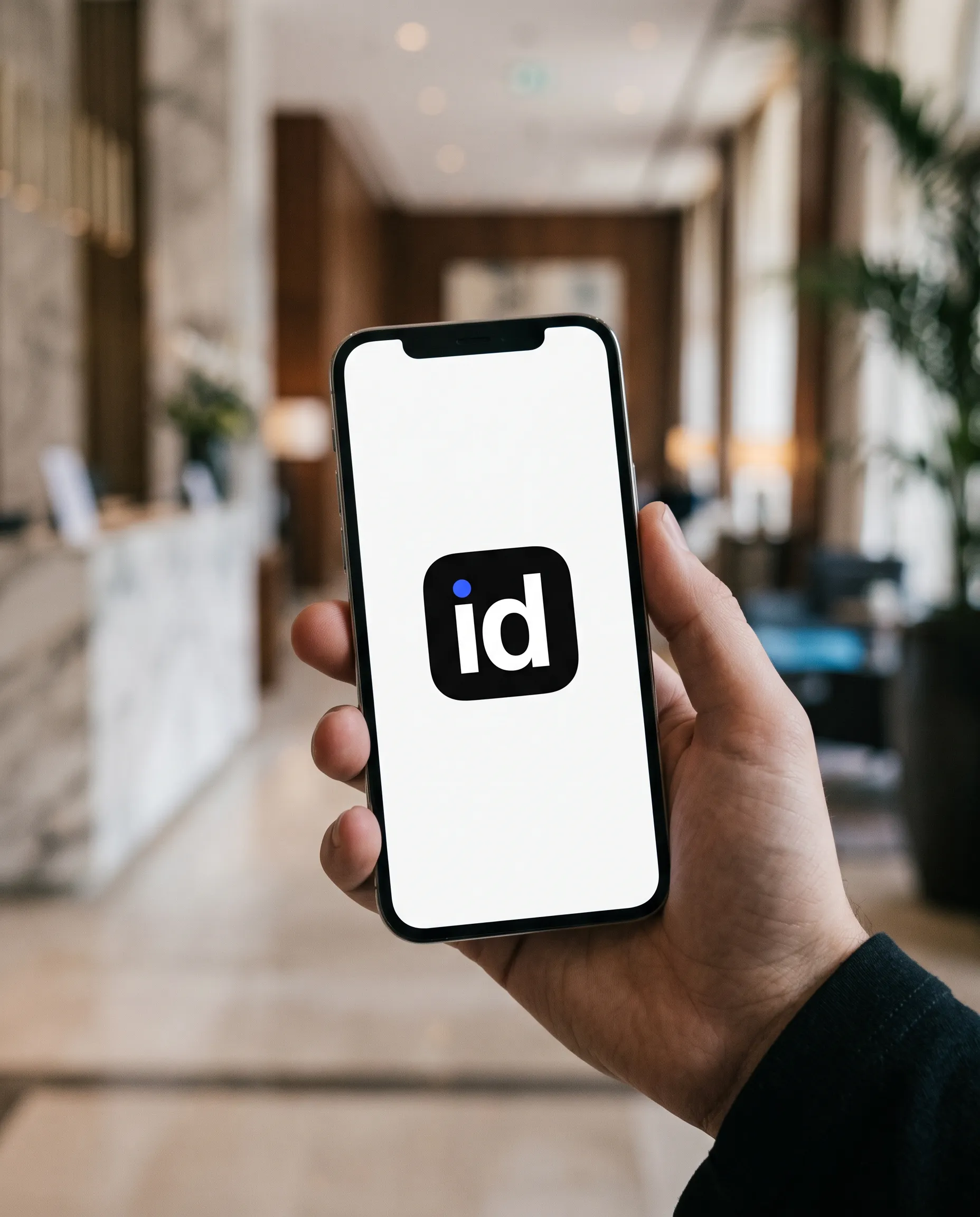 Main qui tient un téléphone affichant l'icône de l'app Idkey