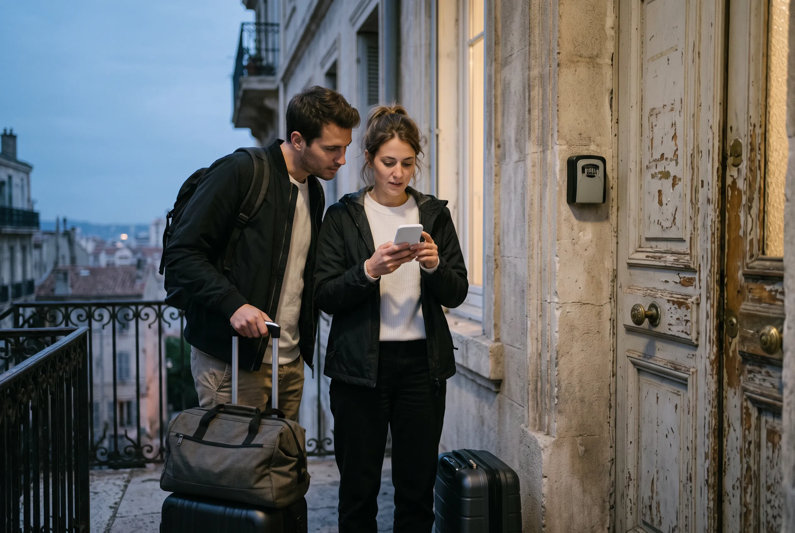 Couple avec valises devant la porte d'un appartement à Marseille, au crépuscule