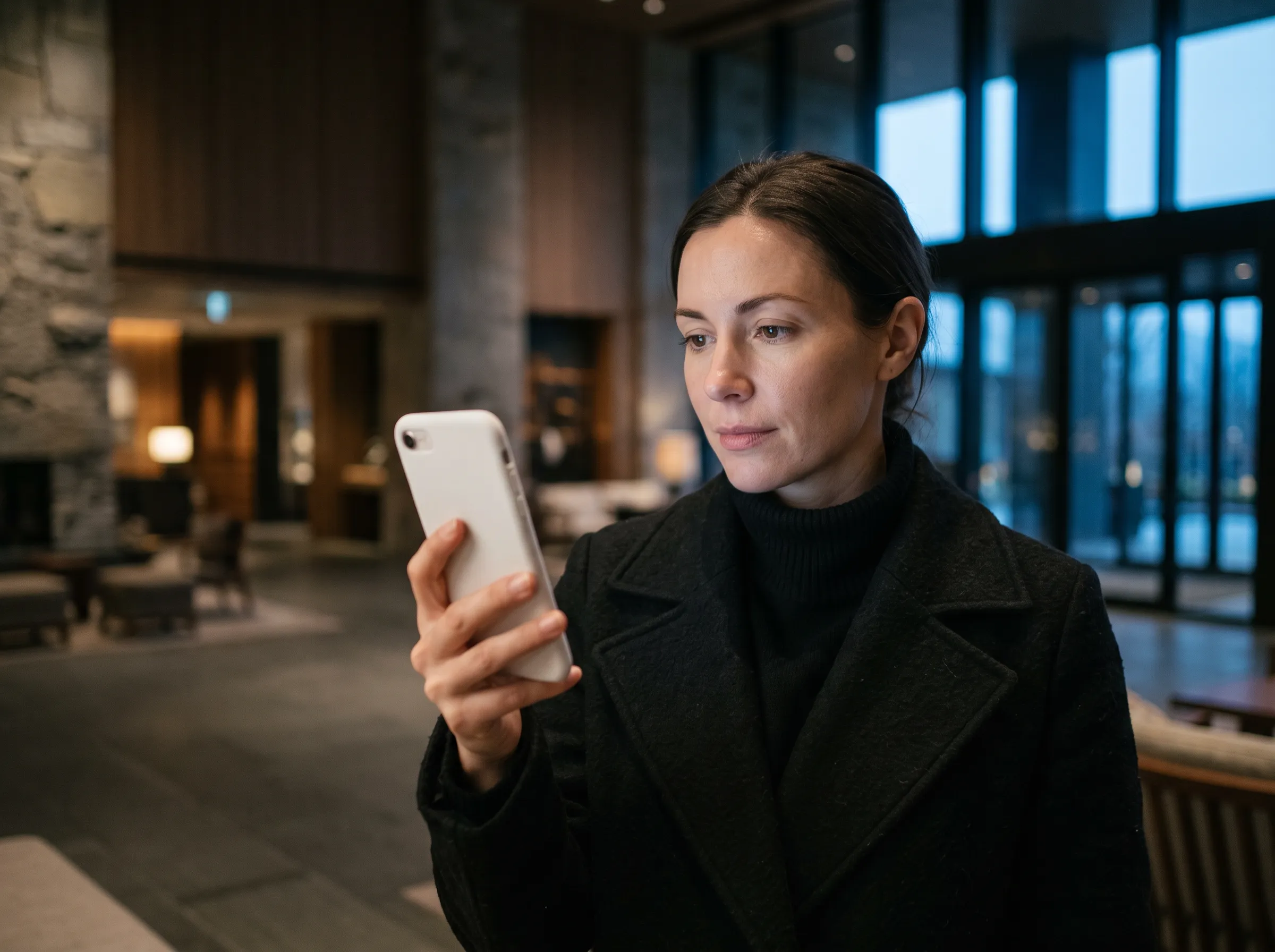 Femme qui regarde son téléphone dans le hall d'un hôtel