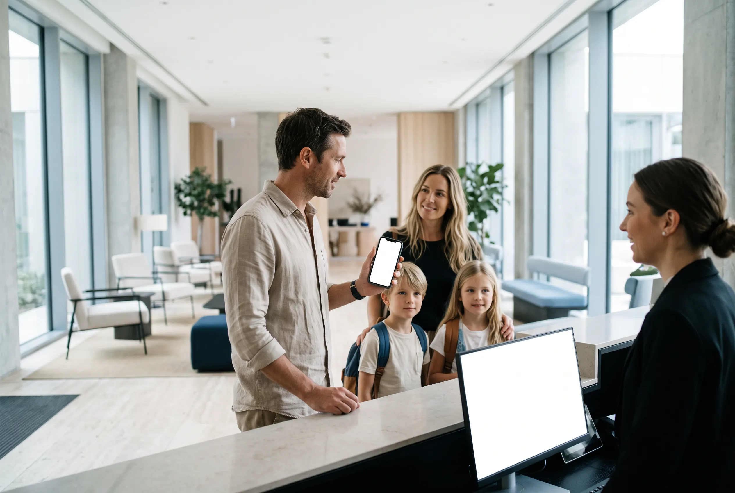 Famille avec deux enfants à la réception d'un hôtel
