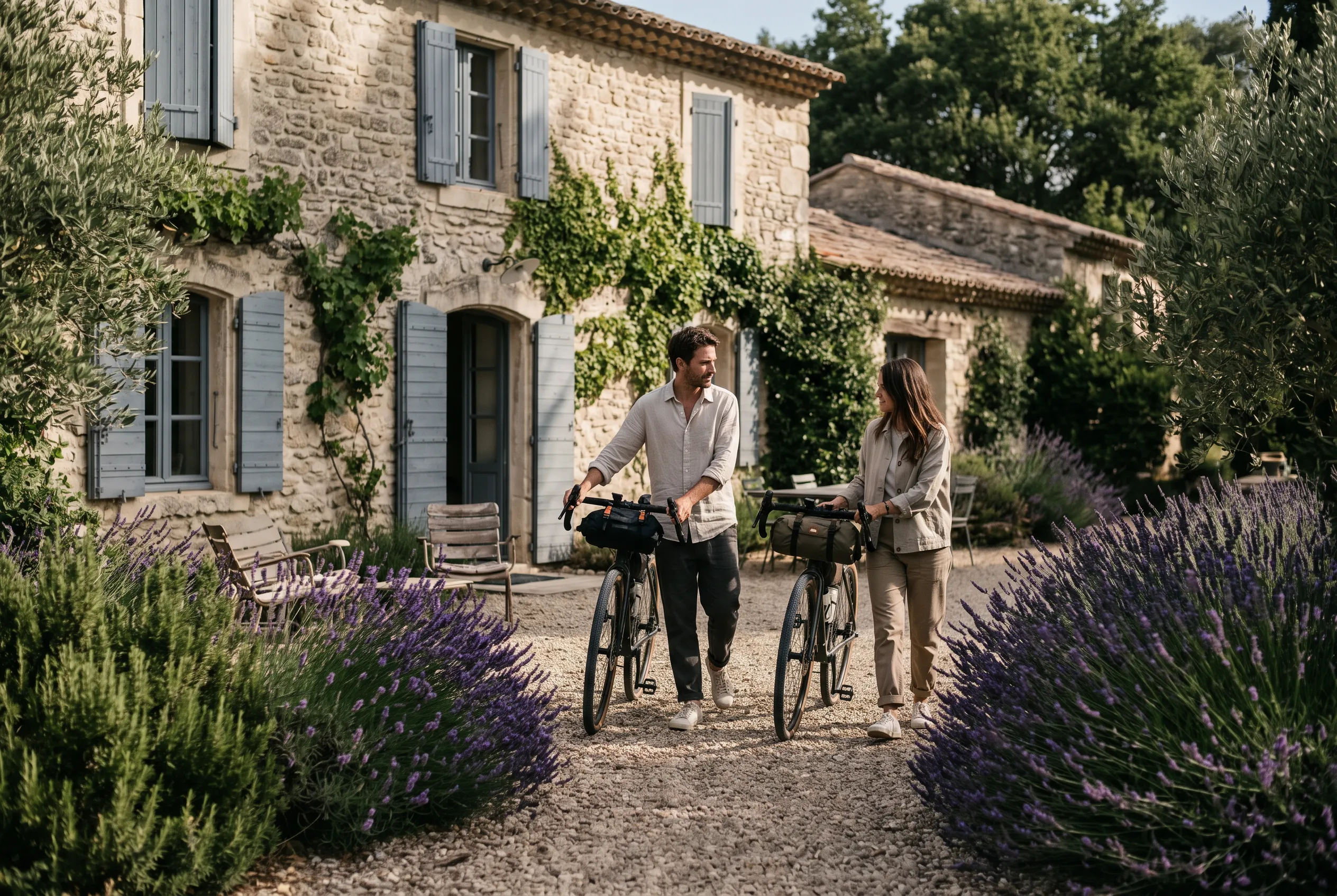 Couple qui arrive à vélo devant une maison d'hôtes en pierre