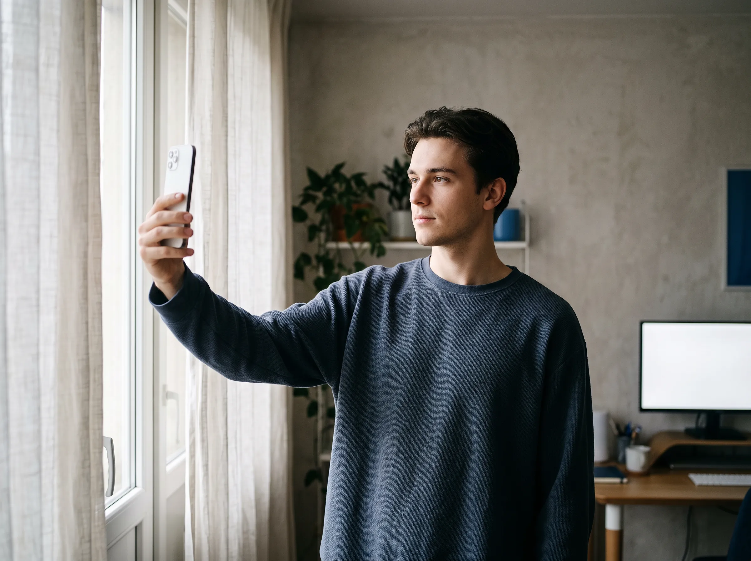 Jeune homme qui prend un selfie chez lui avec son téléphone